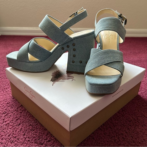 Jessica Simpson Denim Blue Wedge Sandals - Picture 2 of 7